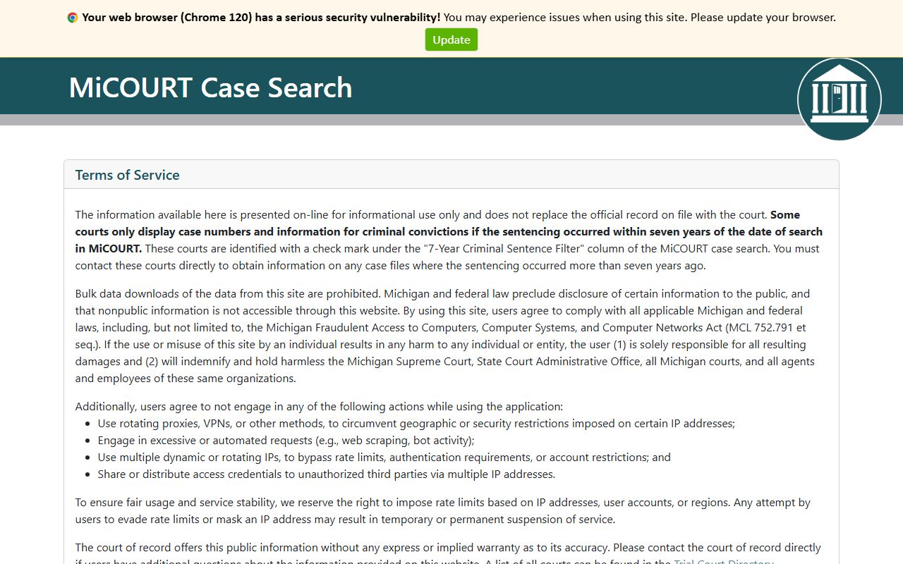 Ontonagon County court records after arrest MiCOURT case search form