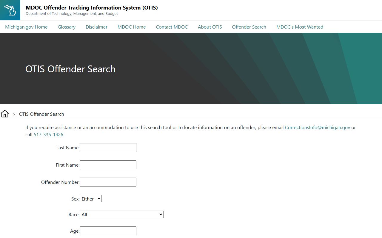 Michigan OTIS search fields for Ontonagon County inmate lookup after state sentencing